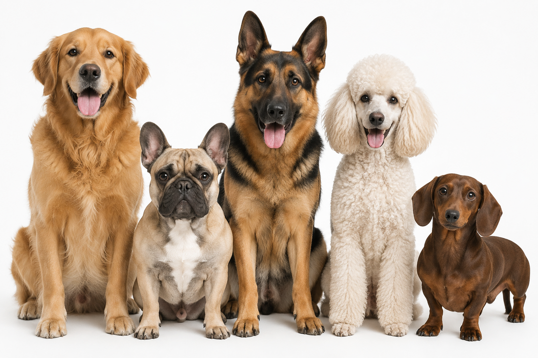 different dog breeds, dogs standing one next to each other