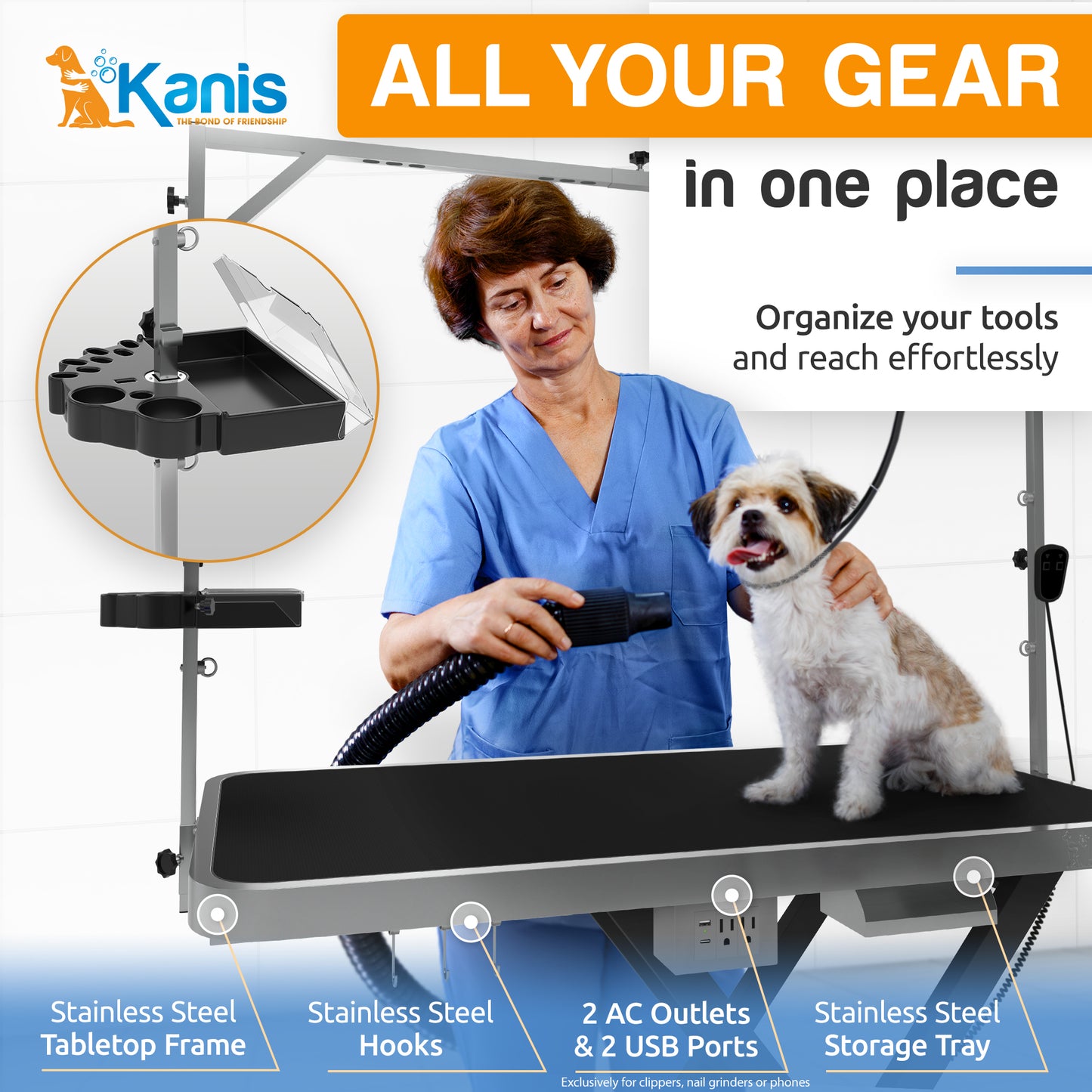 KANIS - Professional Electric Dog Grooming Table - Heavy Duty, Height Adjustable Pet Grooming Table w/Hand & Foot Control, Circuit Breaker, Leveling Wheels, Dog Grooming Arm, Reversible Anti Slip Tabletop & Tool Organizer/Dog Grooming Station