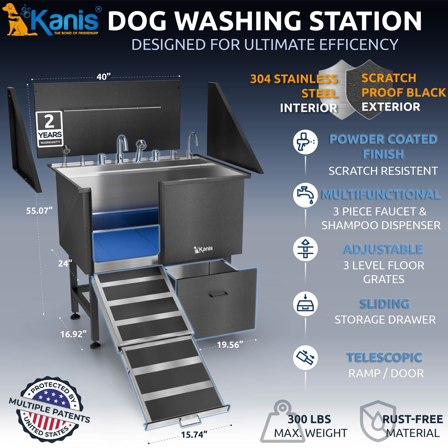 KANIS - Professional Stainless Steel Dog Bathing Station (Black)