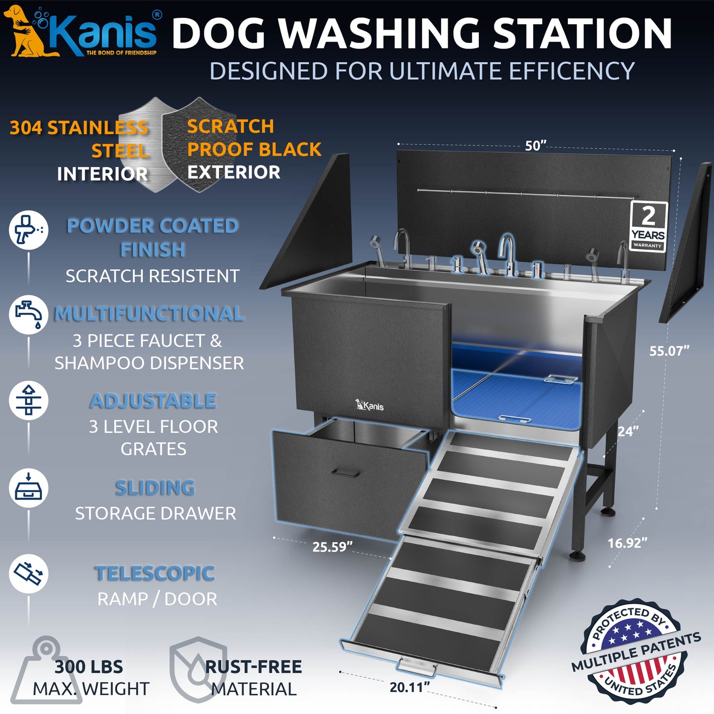 KANIS - Professional Stainless Steel Dog Bathing Station (Black)