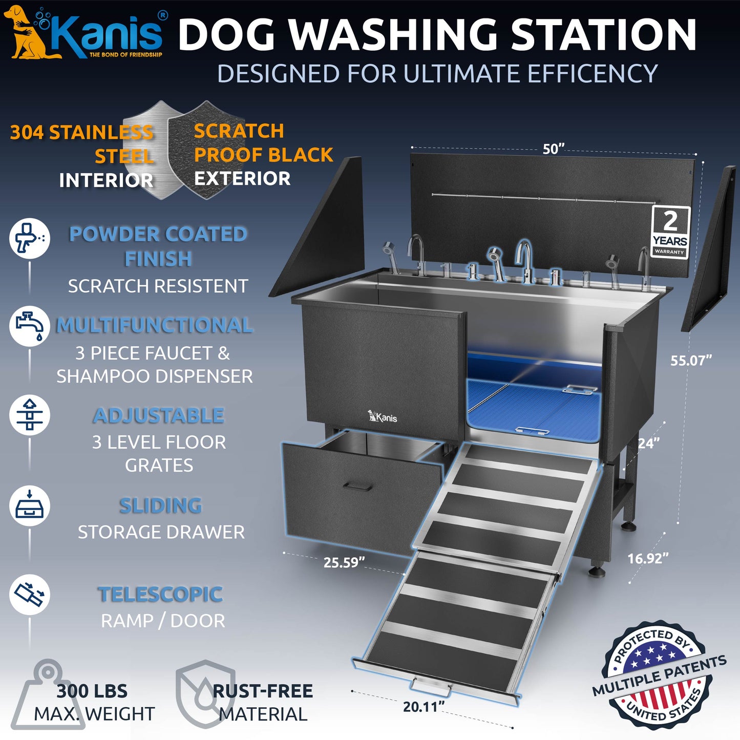 KANIS - Professional Stainless Steel Dog Bathing Station (Black)