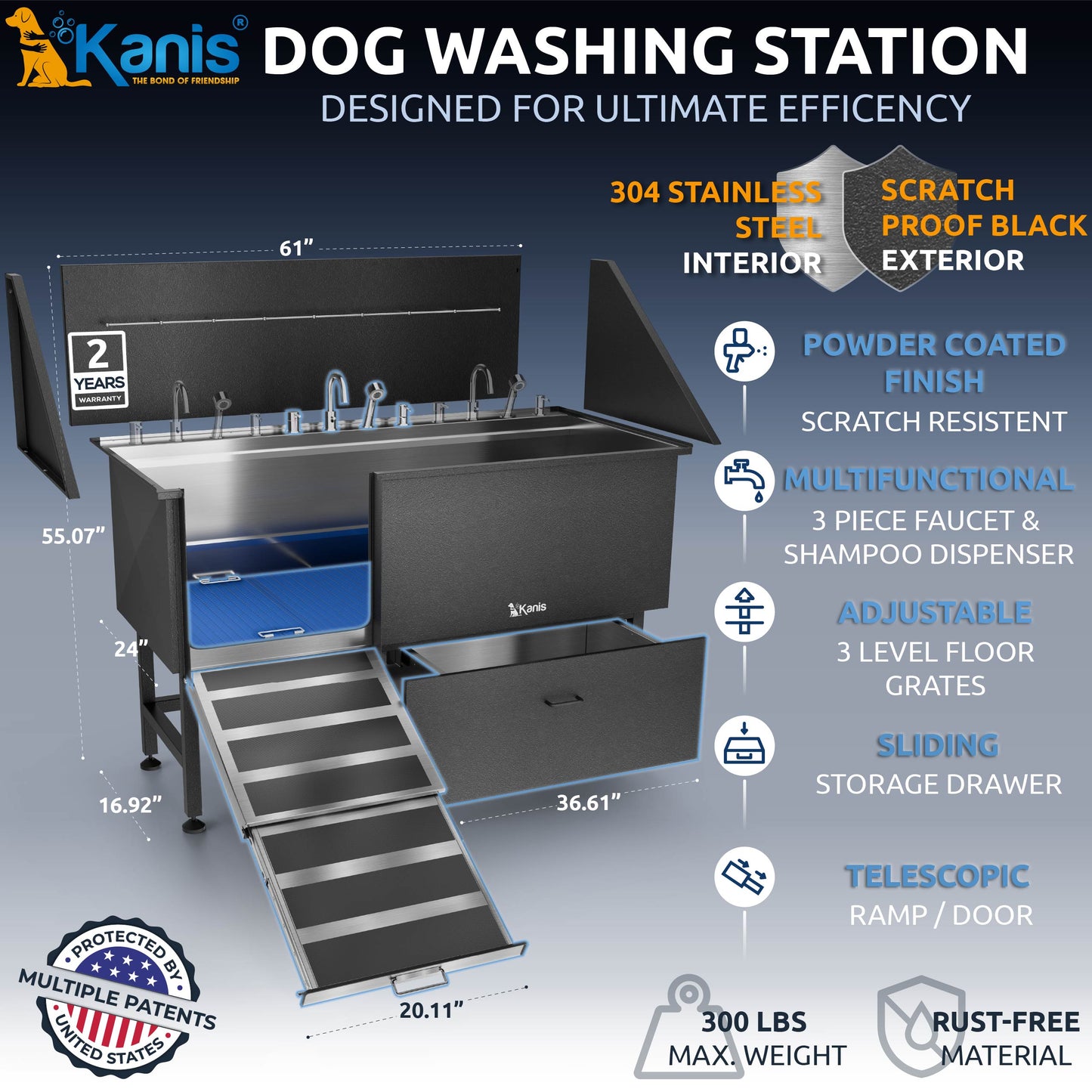 KANIS - Professional Stainless Steel Dog Bathing Station (Black)
