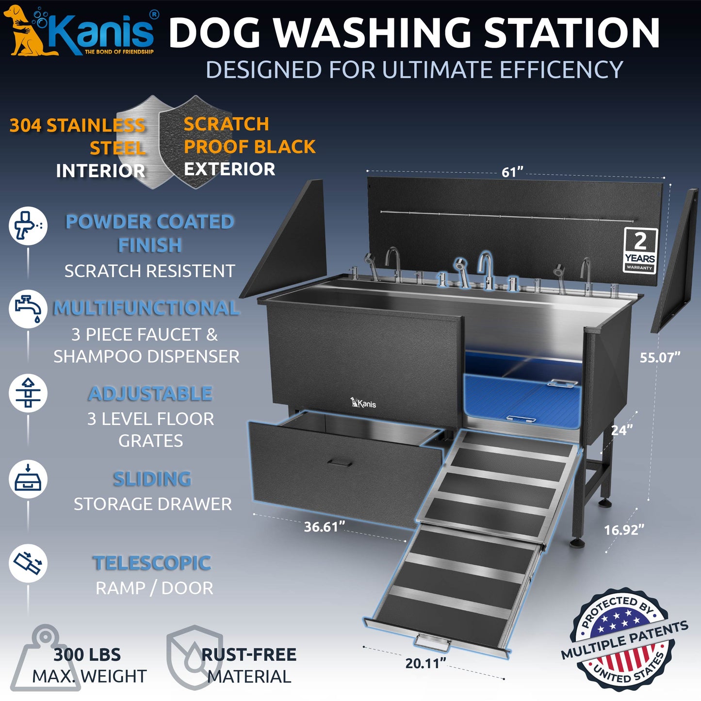 KANIS - Professional Stainless Steel Dog Bathing Station (Black)