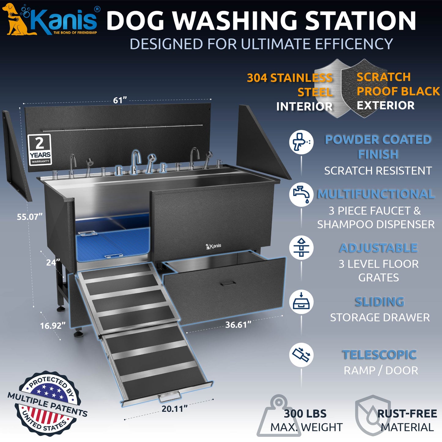 KANIS - Professional Stainless Steel Dog Bathing Station (Black)