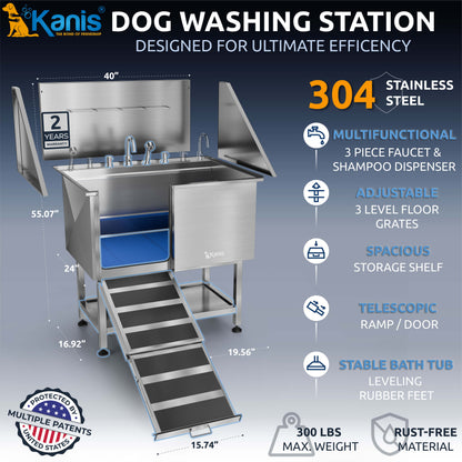 KANIS - Professional Stainless Steel Dog Bathing Station (Silver)