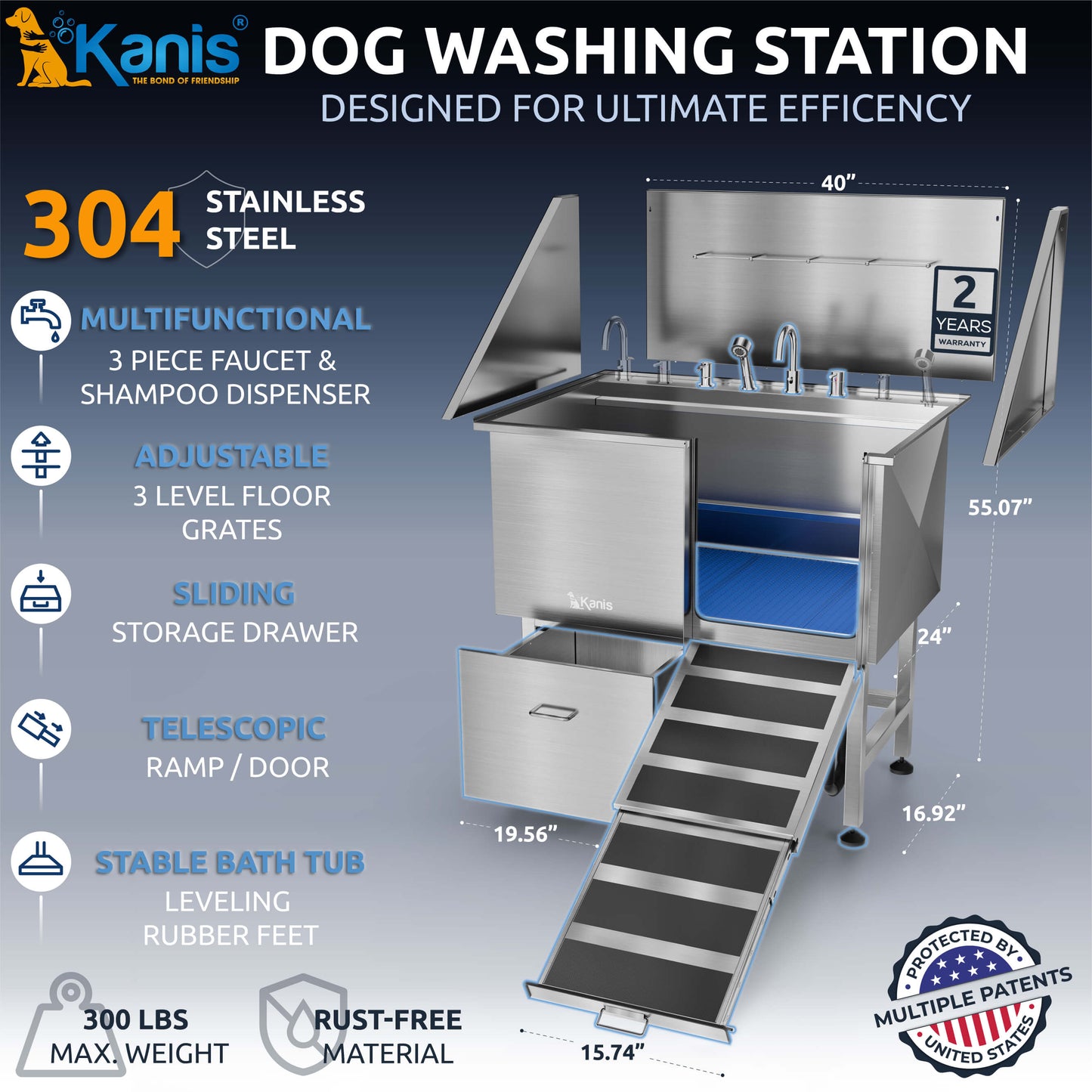KANIS - Professional Stainless Steel Dog Bathing Station (Silver)