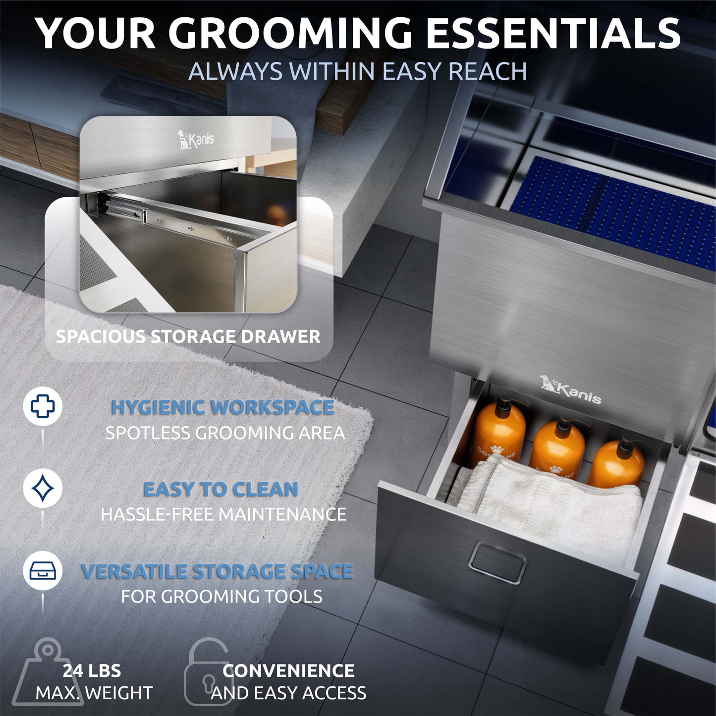 KANIS - Professional Stainless Steel Dog Bathing Station (Silver)