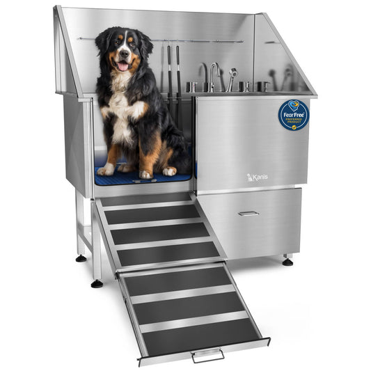 KANIS 50" Dog Wash Station - Silver, Left Ramp, 1 Drawer