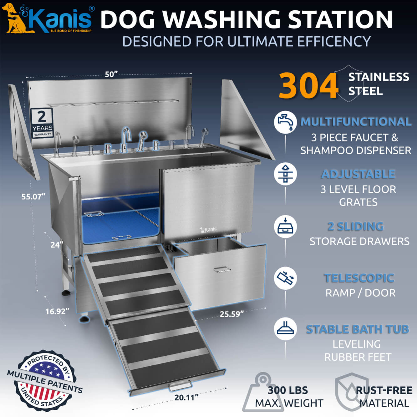 KANIS - Professional Stainless Steel Dog Bathing Station (Silver)