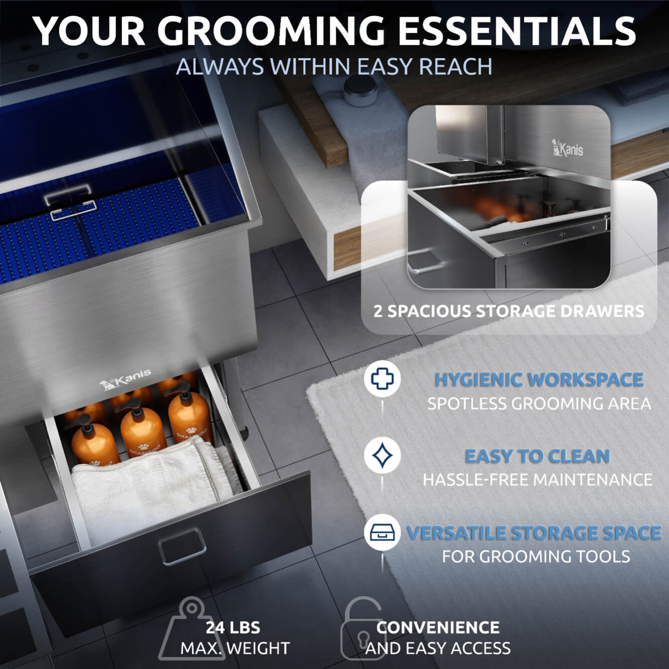 KANIS - Professional Stainless Steel Dog Bathing Station (Silver)