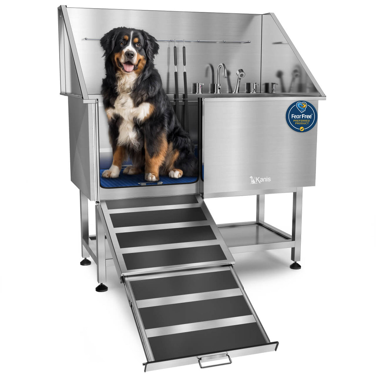 KANIS 50" Dog Wash Station - Silver, Left Ramp, Shelf
