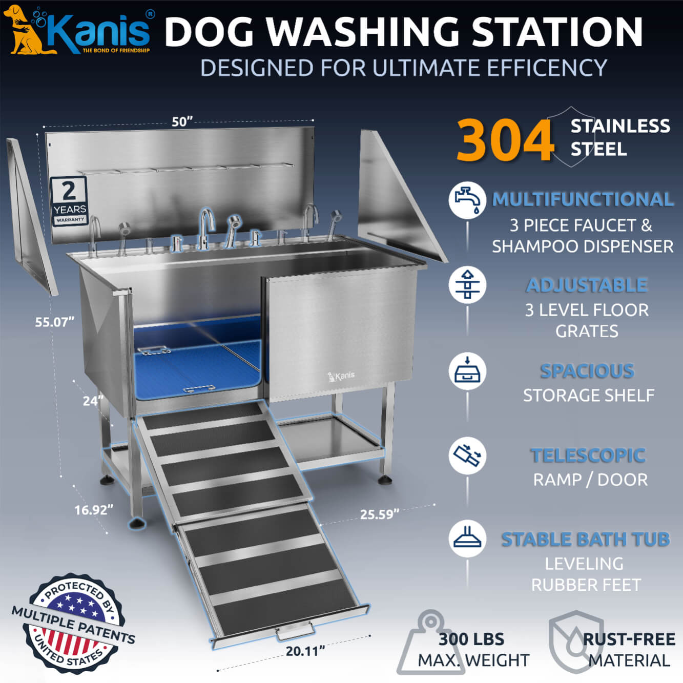 KANIS - Professional Stainless Steel Dog Bathing Station (Silver)