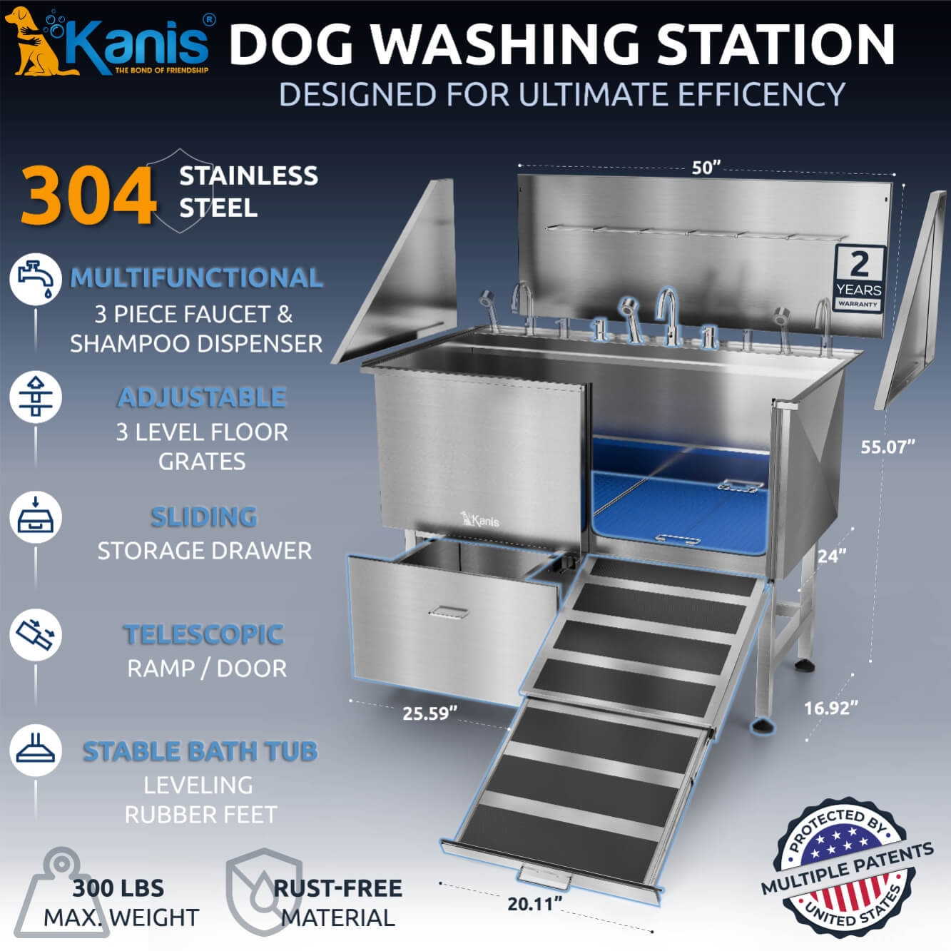 KANIS - Professional Stainless Steel Dog Bathing Station (Silver)