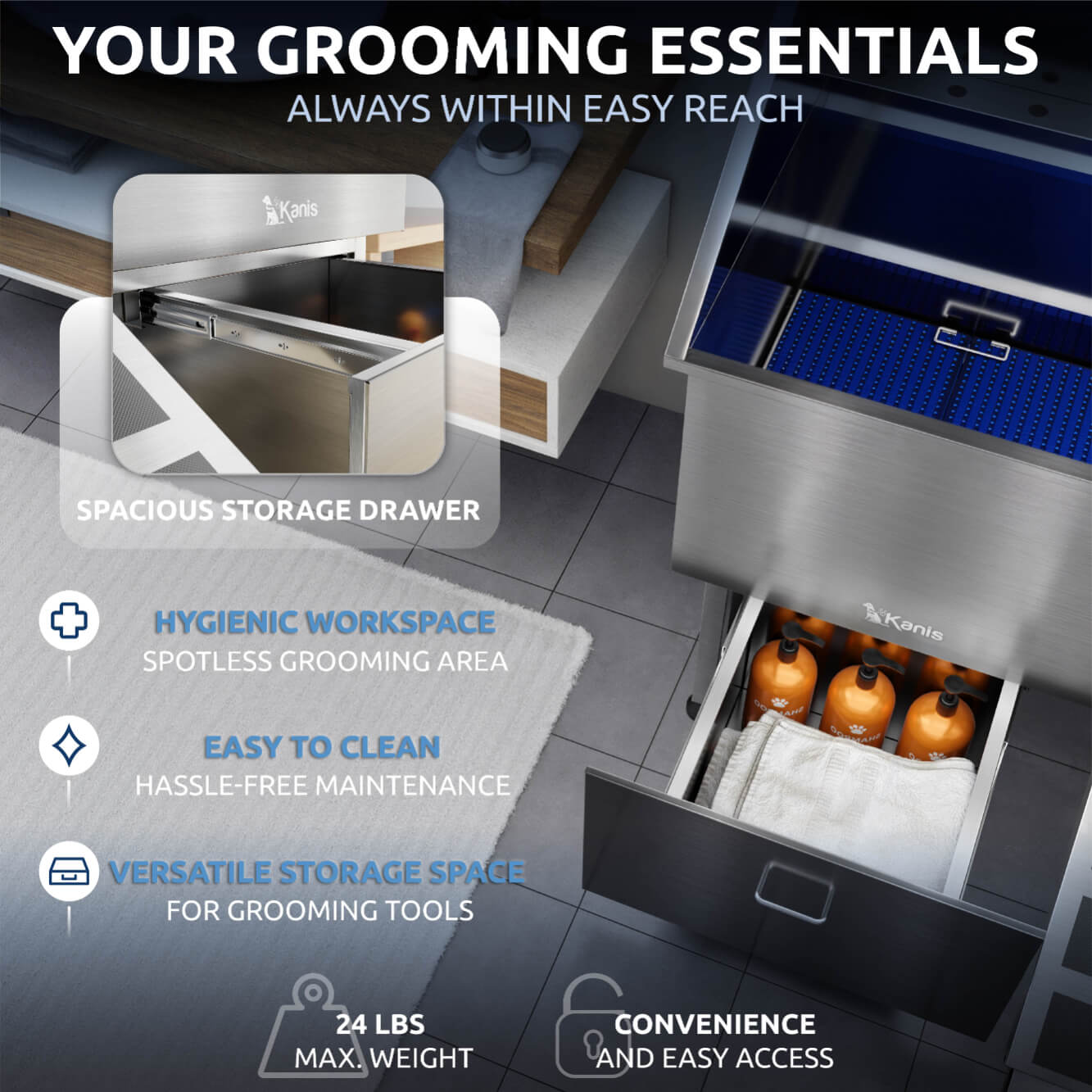 KANIS - Professional Stainless Steel Dog Bathing Station (Silver)