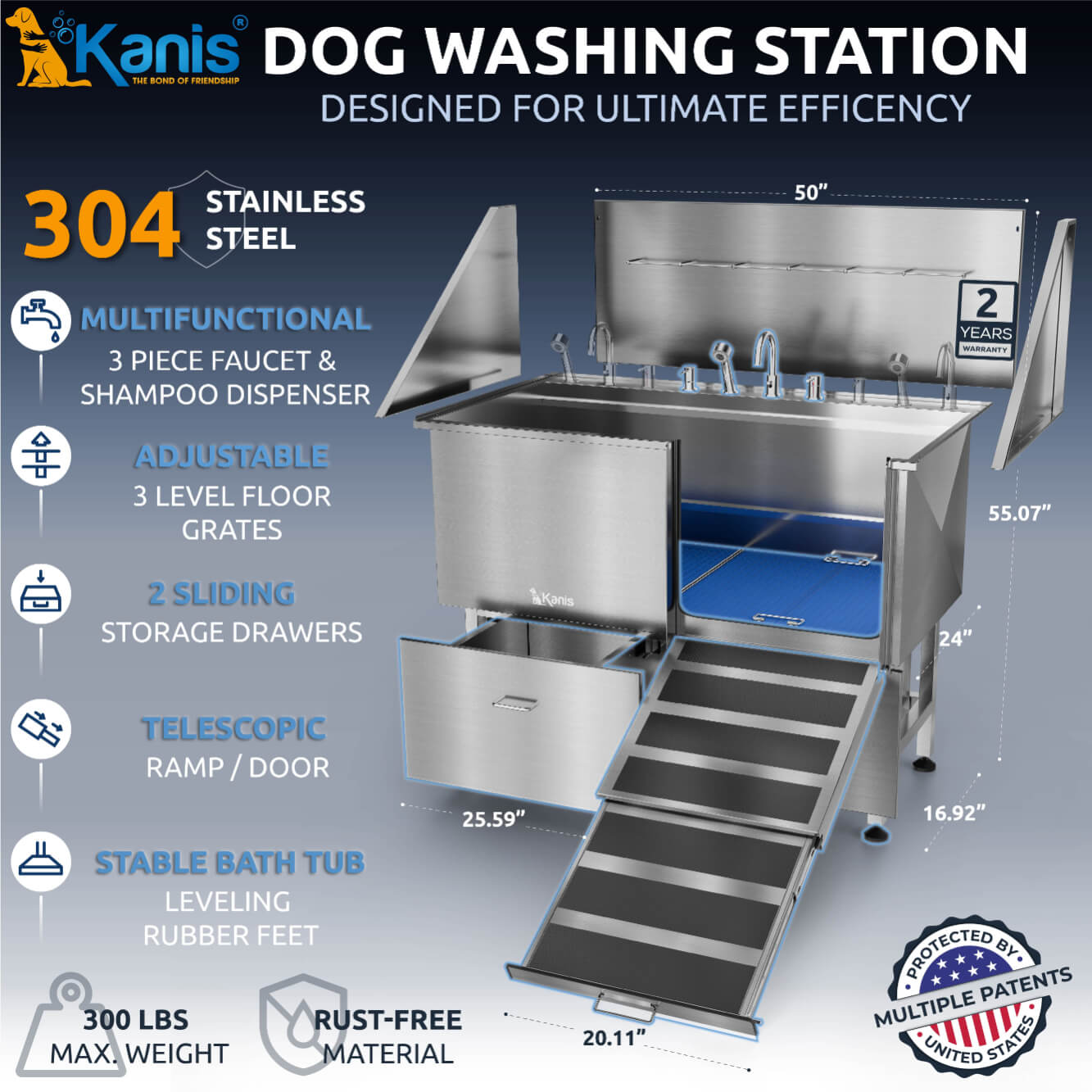 KANIS - Professional Stainless Steel Dog Bathing Station (Silver)