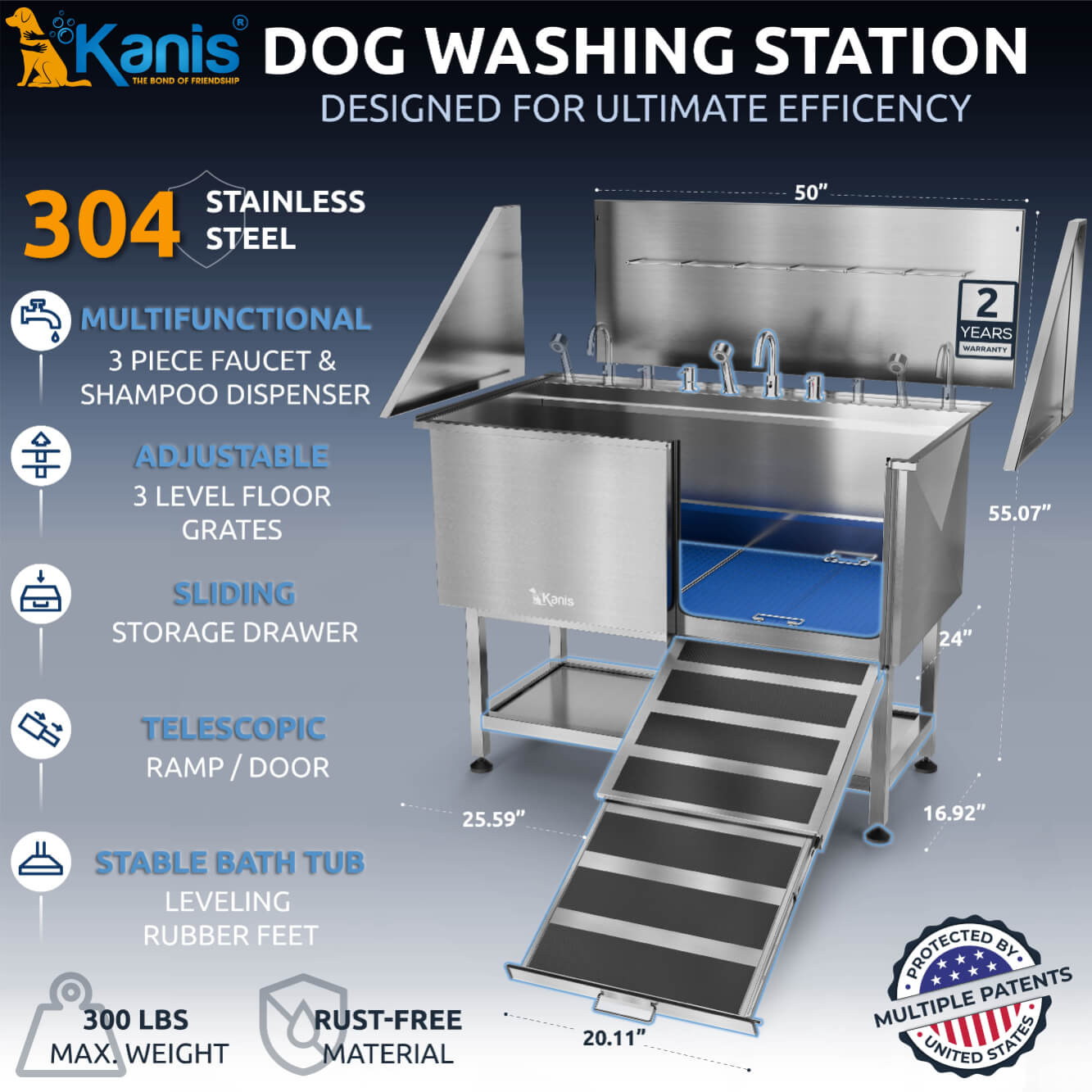 KANIS - Professional Stainless Steel Dog Bathing Station (Silver)