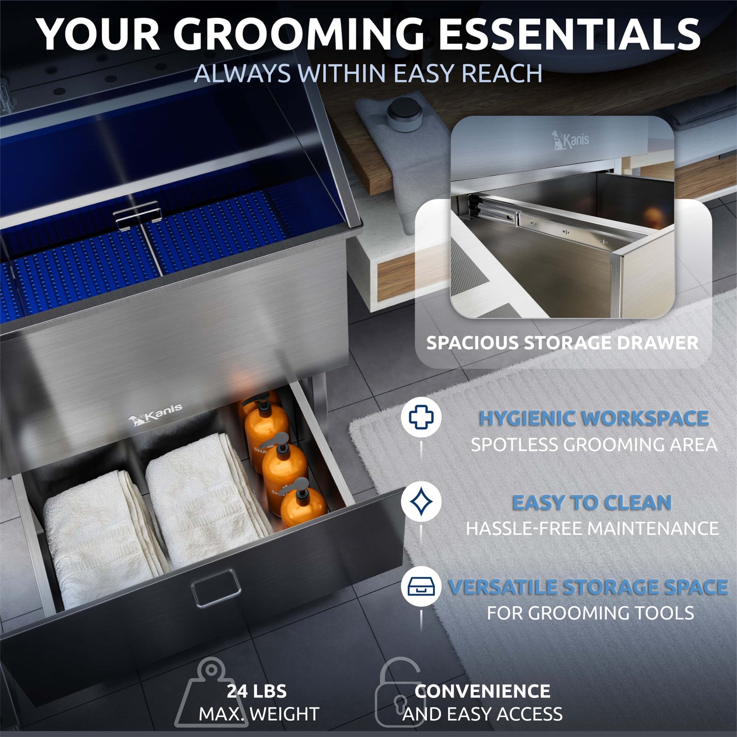 KANIS - Professional Stainless Steel Dog Bathing Station (Silver)