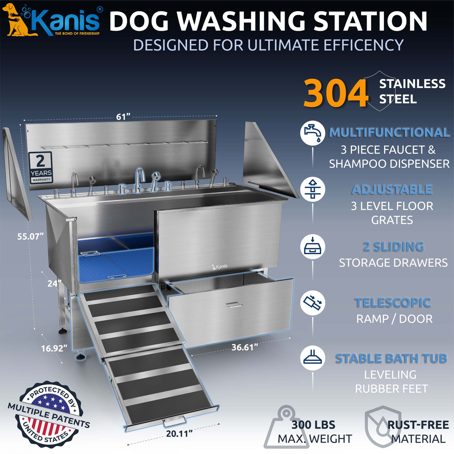 KANIS - Professional Stainless Steel Dog Bathing Station (Silver)