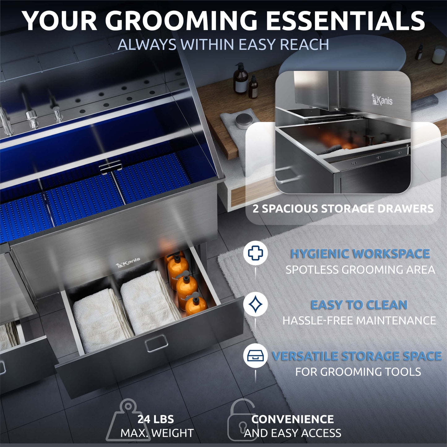 KANIS - Professional Stainless Steel Dog Bathing Station (Silver)