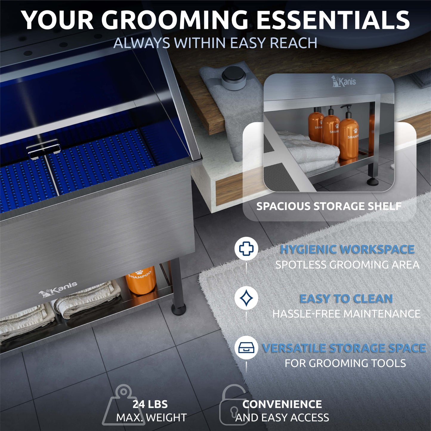 KANIS - Professional Stainless Steel Dog Bathing Station (Silver)