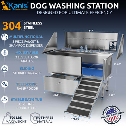 KANIS - Professional Stainless Steel Dog Bathing Station (Silver)
