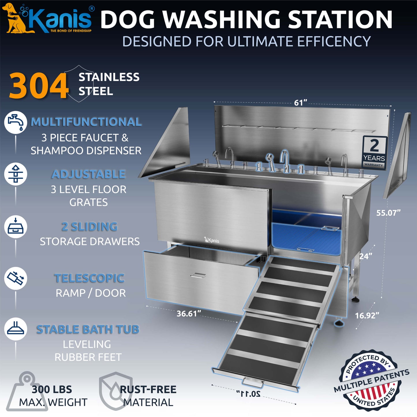 KANIS - Professional Stainless Steel Dog Bathing Station (Silver)