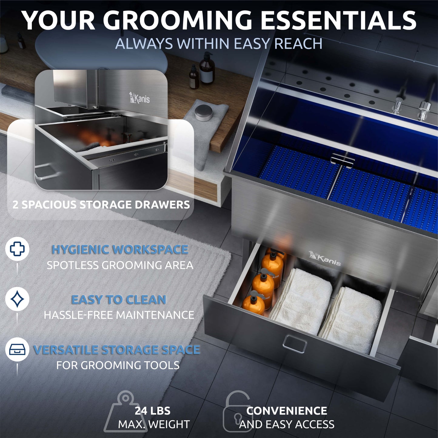 KANIS - Professional Stainless Steel Dog Bathing Station (Silver)