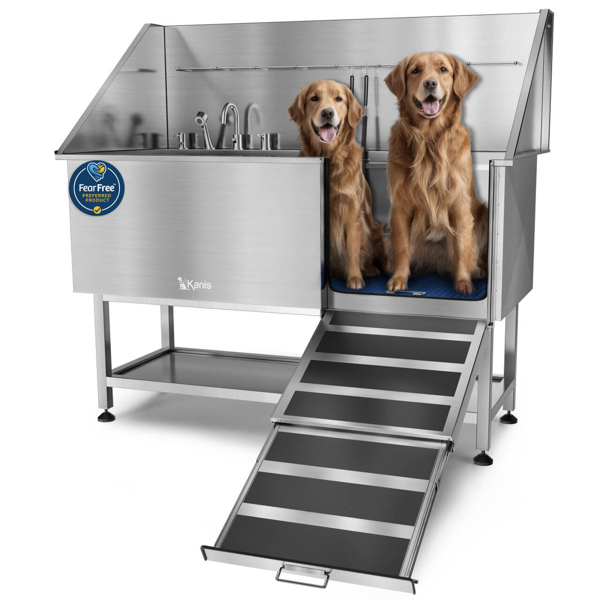 KANIS 61" Dog Wash Station - Silver, Right Ramp, Shelf