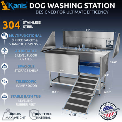 KANIS - Professional Stainless Steel Dog Bathing Station (Silver)
