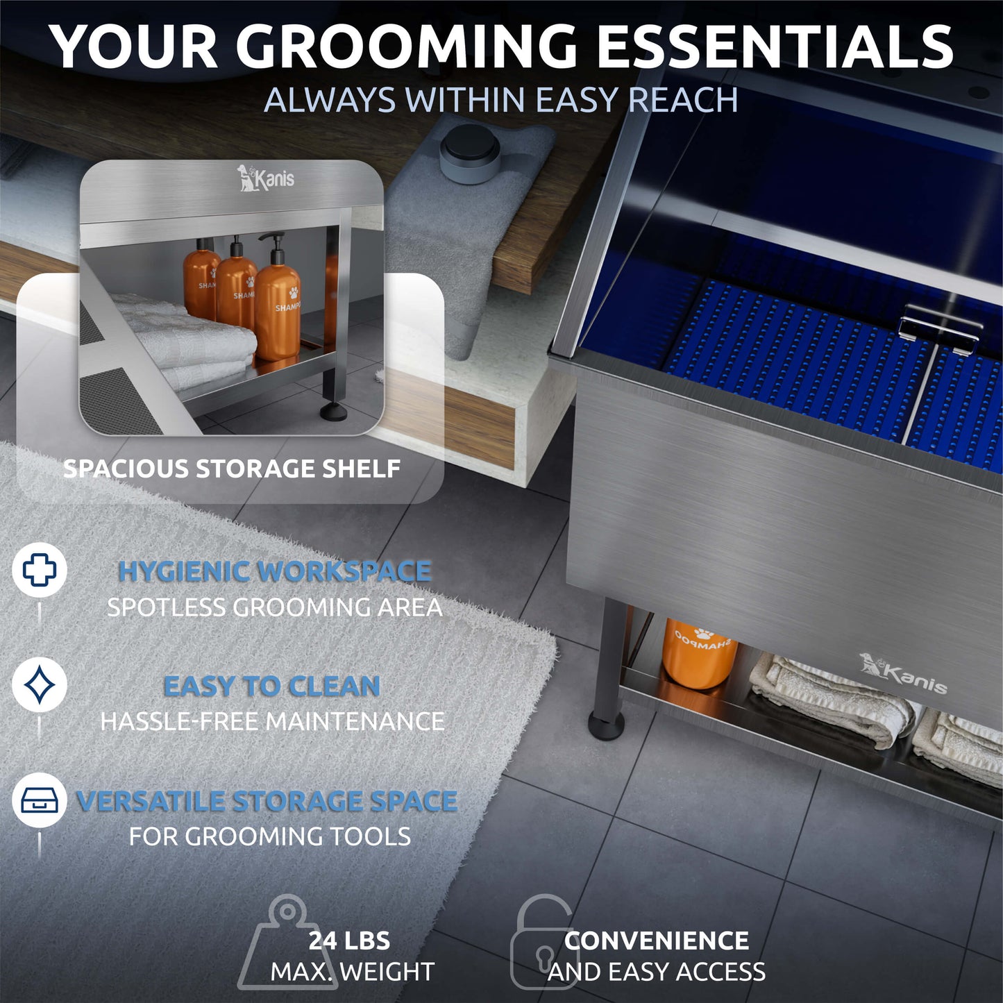 KANIS - Professional Stainless Steel Dog Bathing Station (Silver)