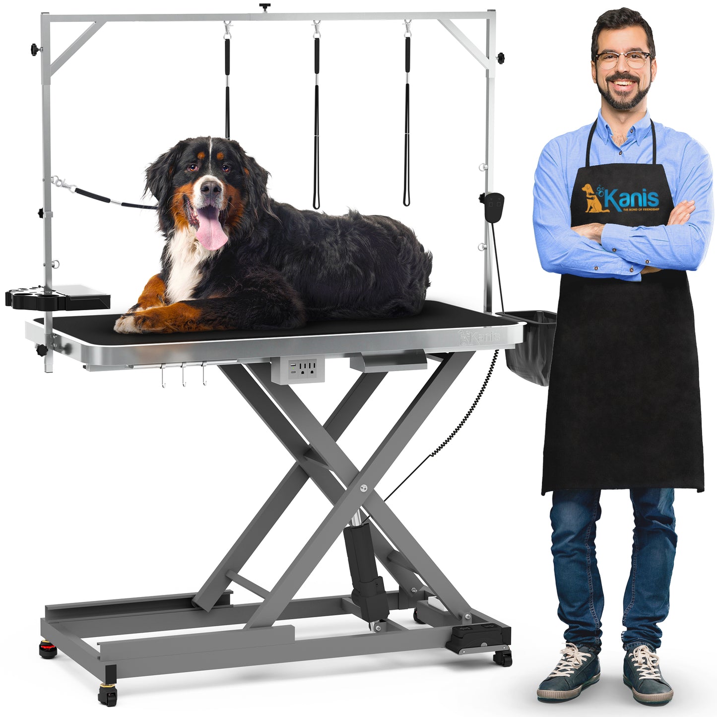 KANIS - Professional Electric Dog Grooming Table - Heavy Duty, Height Adjustable Pet Grooming Table w/Hand & Foot Control, Circuit Breaker, Leveling Wheels, Dog Grooming Arm, Reversible Anti Slip Tabletop & Tool Organizer/Dog Grooming Station