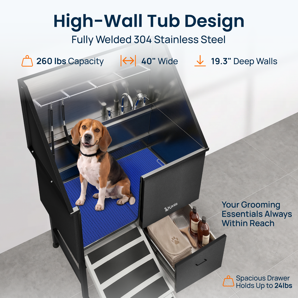 KANIS - Professional Stainless Steel Dog Bathing Station (Black)