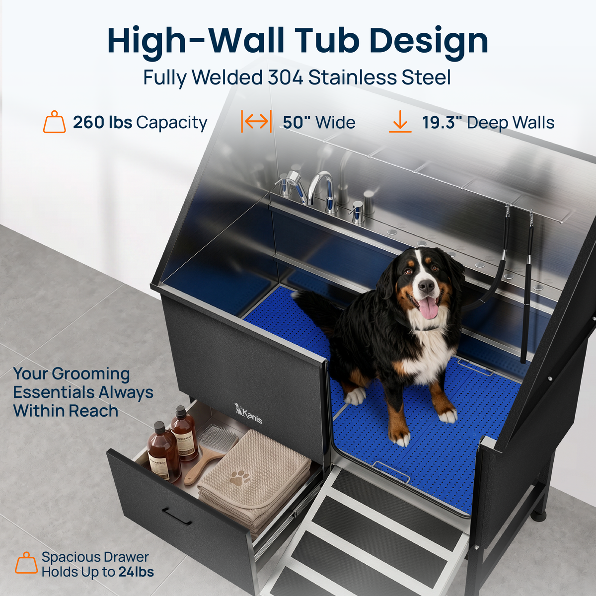 KANIS - Professional Stainless Steel Dog Bathing Station (Black)