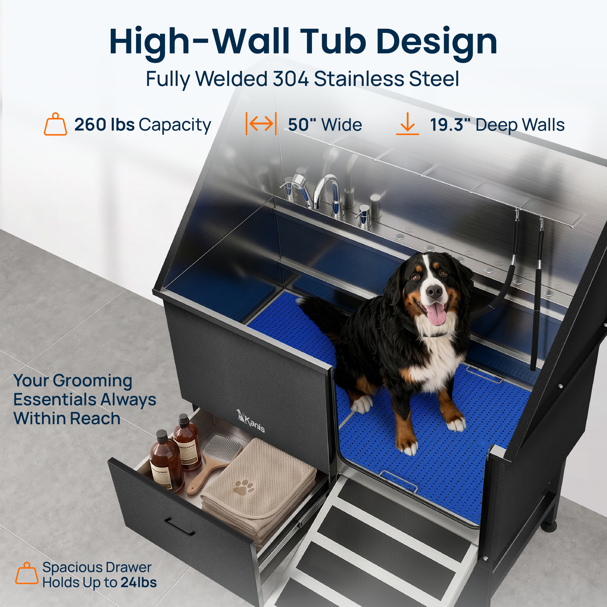 KANIS - Professional Stainless Steel Dog Bathing Station (Black)
