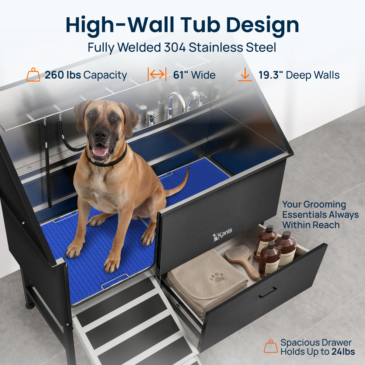 KANIS - Professional Stainless Steel Dog Bathing Station (Black)