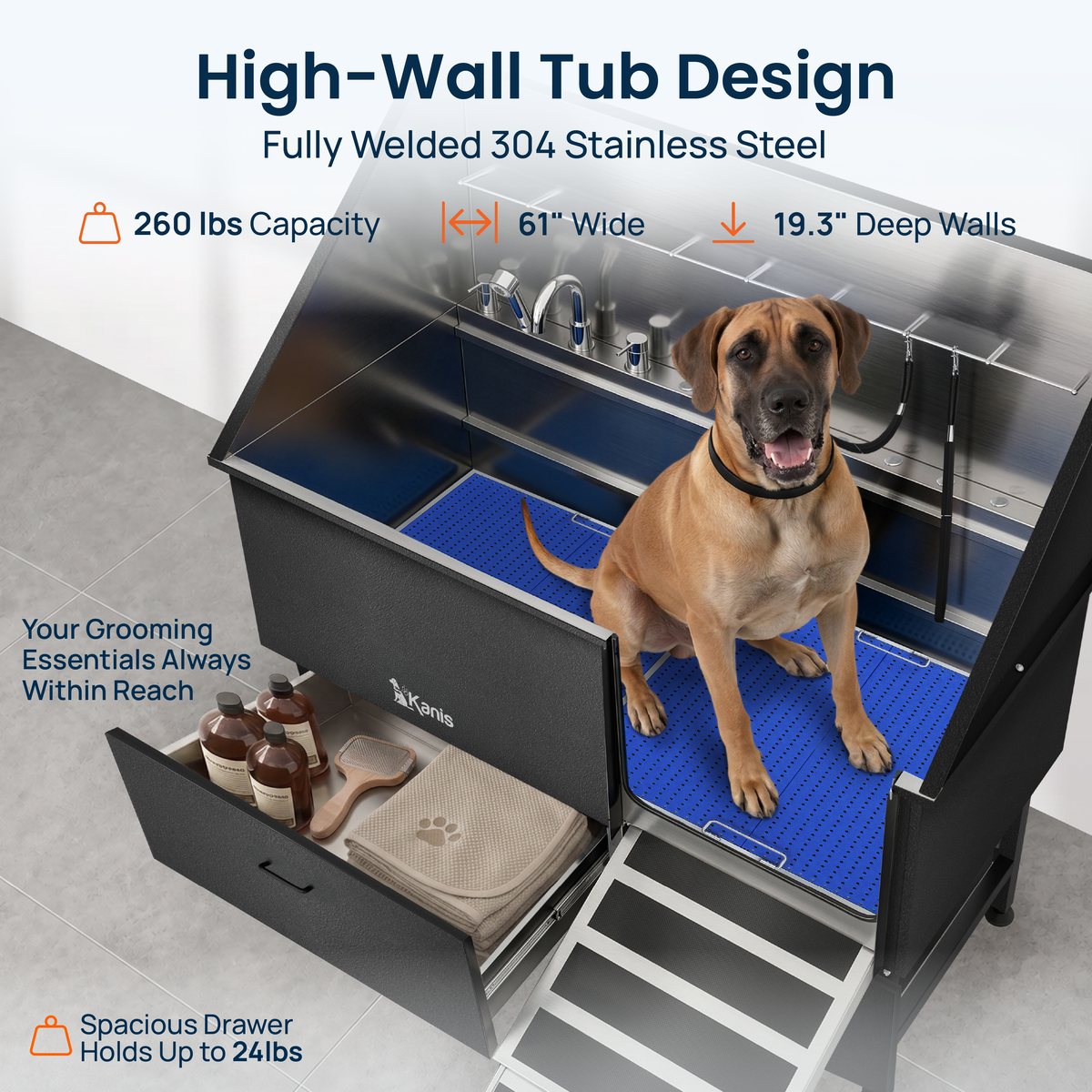 KANIS - Professional Stainless Steel Dog Bathing Station (Black)